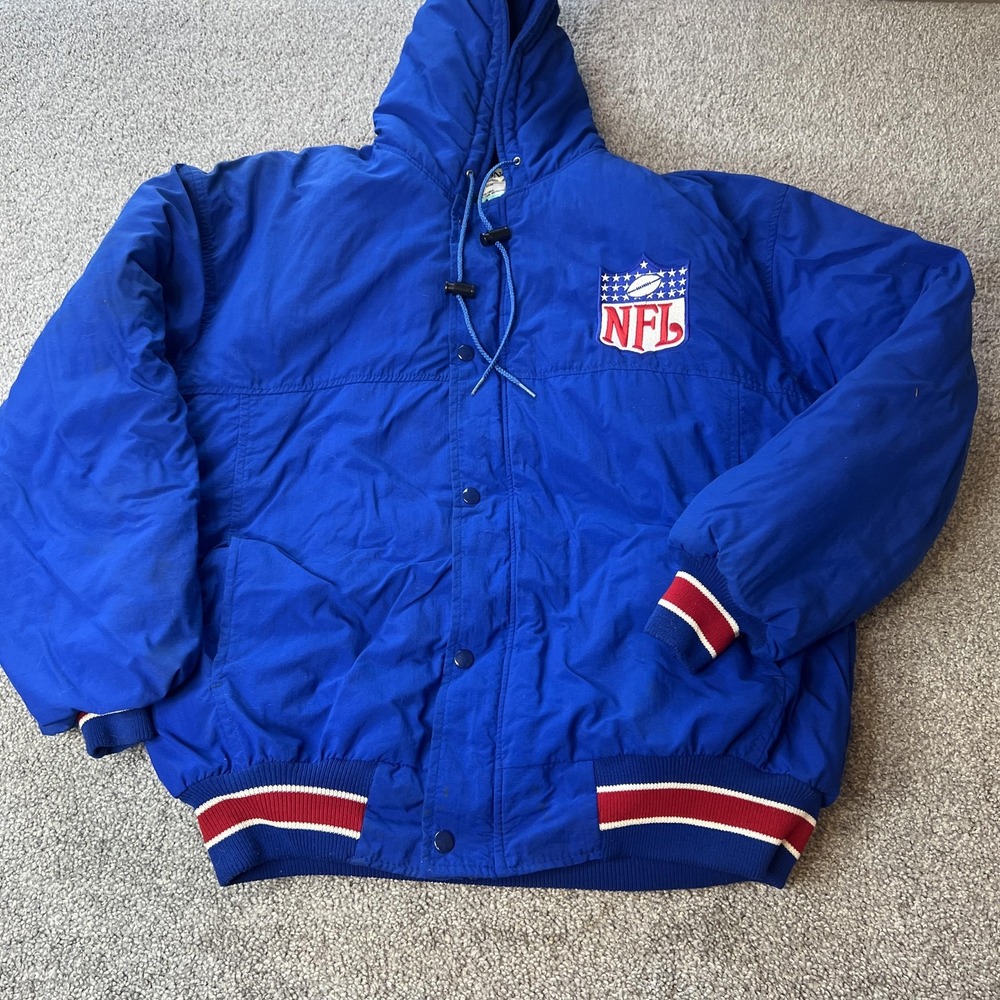 Vtg delong NFL Jacket Mens Large Blue NFL Football Hooded Puffer Coat USA 80s
